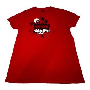 Levis Mens Graphic T-Shirt Red Palm Tree Shark Graphic Print‎ Crew Neck Tee